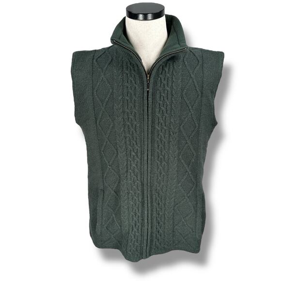 Carraig Donn Sweater Vest Men’s Large Green Cable Knit Sleeveless Full Zip Wool - Picture 1 of 11